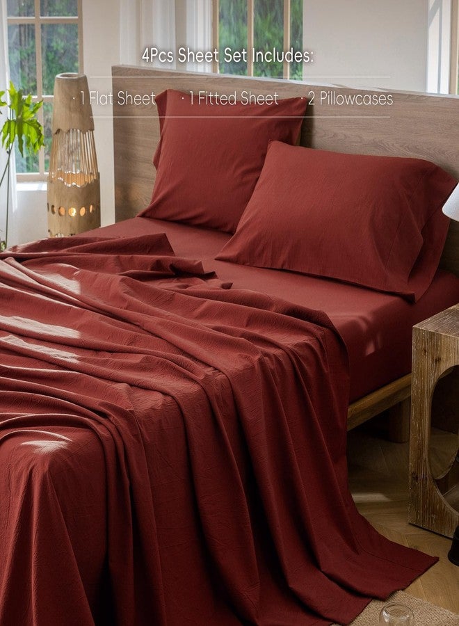 MooMee Bedding Sheet Set 100% Washed Cotton Linen Like Textured Breathable Durable Soft Comfy (Solid Fired Brick Red, Queen) - Image 2