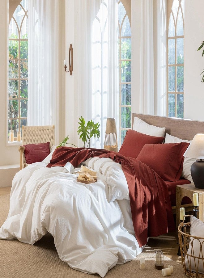 MooMee Bedding Sheet Set 100% Washed Cotton Linen Like Textured Breathable Durable Soft Comfy (Solid Fired Brick Red, Queen) - Image 3