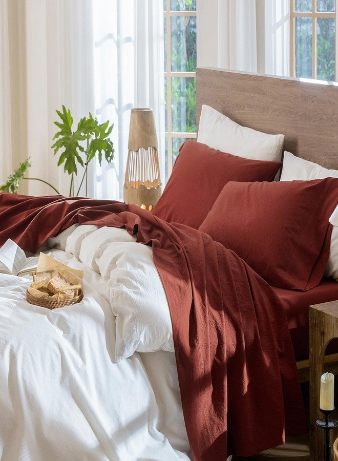 MooMee Bedding Sheet Set 100% Washed Cotton Linen Like Textured Breathable Durable Soft Comfy (Solid Fired Brick Red, Queen) - Image 1