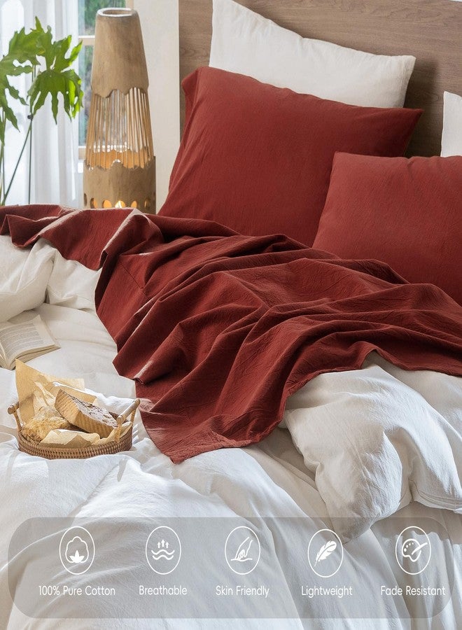 MooMee Bedding Sheet Set 100% Washed Cotton Linen Like Textured Breathable Durable Soft Comfy (Solid Fired Brick Red, Queen) - Image 4