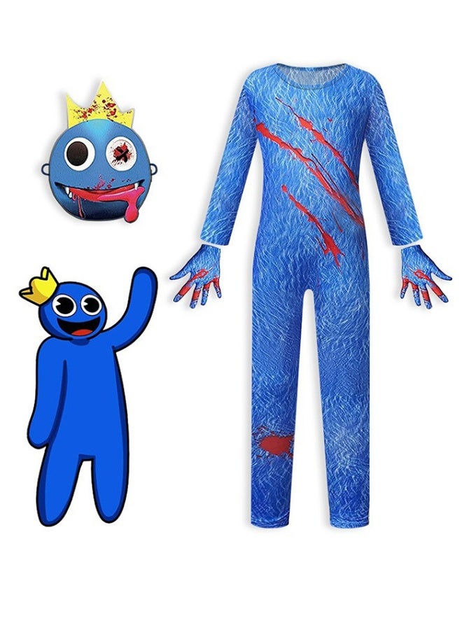 Rainbow Friends Blue Character Cosplay Outfit Jumpsuit for Kids – Halloween & Party Costume, Full Body Suit with Crown & Mask - Image 2