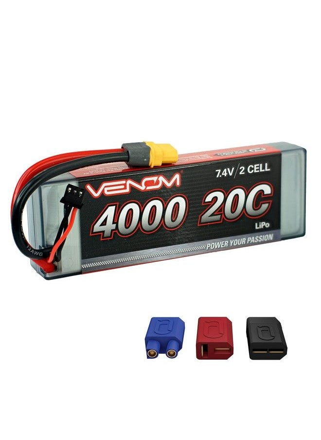 Venom Drive Series 20C 2S 4000Mah 7.4V Lipo Battery Includes 12 Awg Soft Silicone Wire Connector, Patented Universal Plug/Adapter System Compatible With Deans, Traxxas, And Ec3 Plug Types