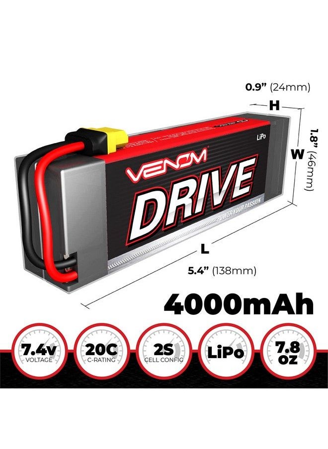 Venom Drive Series 20C 2S 4000Mah 7.4V Lipo Battery Includes 12 Awg Soft Silicone Wire Connector, Patented Universal Plug/Adapter System Compatible With Deans, Traxxas, And Ec3 Plug Types