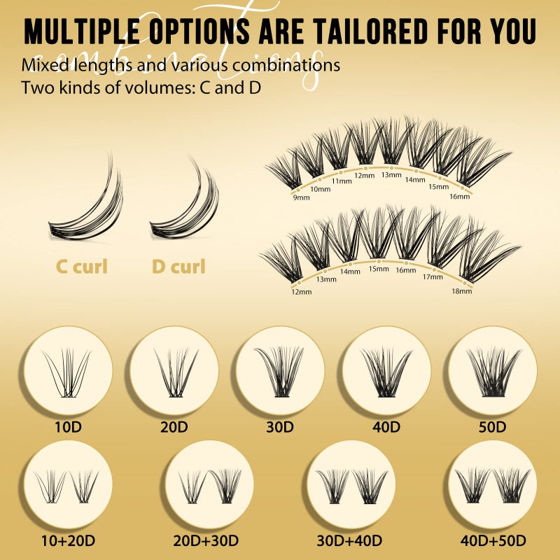 QUEWEL Lash Clusters 320Pcs Cluster Lashes 40D D Curl Lash Cluster Eyelash Extensions Mix9-16mm Individual Eyelashes Clusters Wispy Lash Clusters Thin Band Soft to Use at Home(40D D Mix9-16) - Image 5