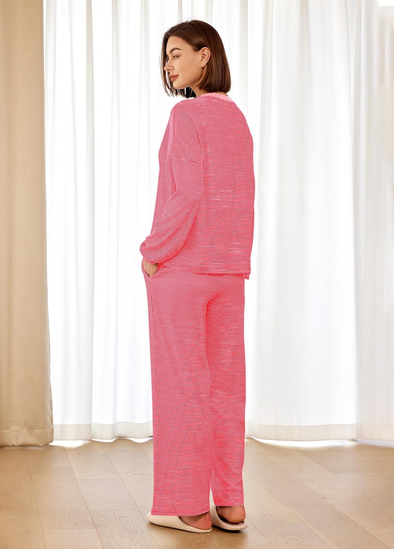 Panadila Womens 2 Piece Lounge Sets Striped Long Sleeve Pajama Set Oversized Tshirts Wide Leg Pant Loungewear (Red Pink Combo,Medium) - Image 4