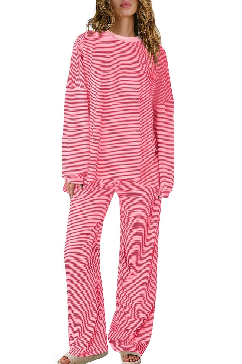Panadila Womens 2 Piece Lounge Sets Striped Long Sleeve Pajama Set Oversized Tshirts Wide Leg Pant Loungewear (Red Pink Combo,Medium) - Image 2