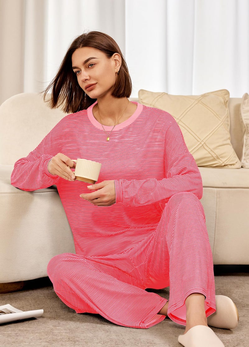 Panadila Womens 2 Piece Lounge Sets Striped Long Sleeve Pajama Set Oversized Tshirts Wide Leg Pant Loungewear (Red Pink Combo,Medium) - Image 5