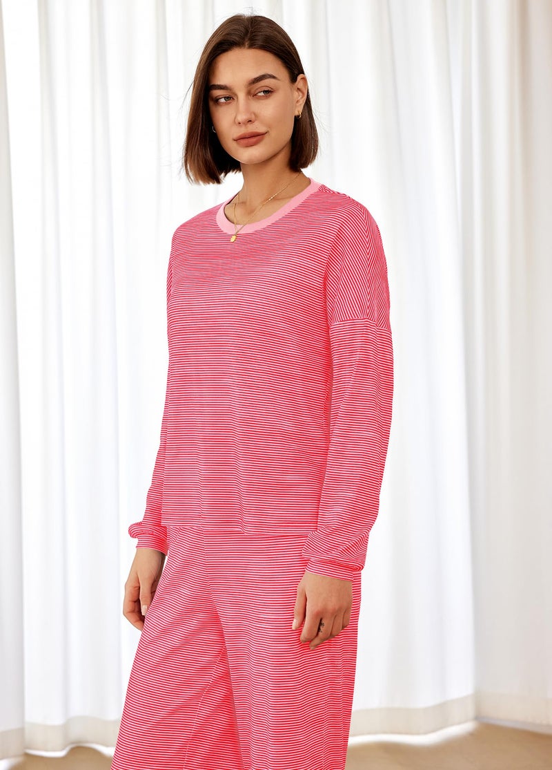 Panadila Womens 2 Piece Lounge Sets Striped Long Sleeve Pajama Set Oversized Tshirts Wide Leg Pant Loungewear (Red Pink Combo,Medium) - Image 3