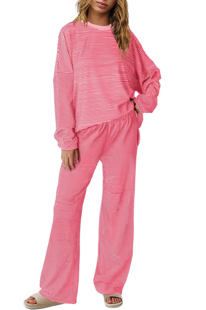 Panadila Womens 2 Piece Lounge Sets Striped Long Sleeve Pajama Set Oversized Tshirts Wide Leg Pant Loungewear (Red Pink Combo,Medium) - Image 1