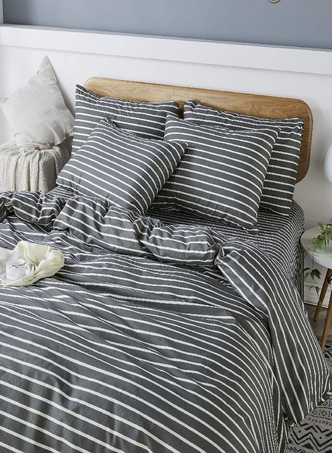 JELLYMONI 100% Natural Cotton 3pcs Striped Duvet Cover Sets, Dark Grey Duvet Cover with White Stripes Pattern Printed Comforter Cover, with Zipper Closure & Corner Ties(Full Size) - Image 2