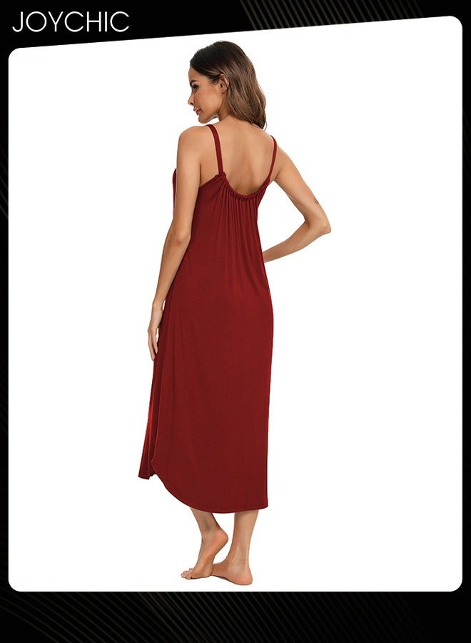 Joychic فستان نوم صيفي للسيدات بتصميم مطوي مع حمالات، مصنوع من مودال مريح وصديق للبشرة، ملابس نوم مريحة للمنزل باللون الأحمر النبيذي - Image 4