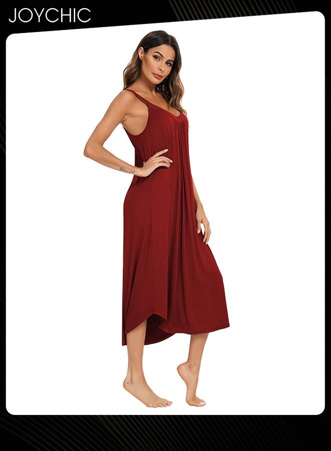 Joychic فستان نوم صيفي للسيدات بتصميم مطوي مع حمالات، مصنوع من مودال مريح وصديق للبشرة، ملابس نوم مريحة للمنزل باللون الأحمر النبيذي - Image 3