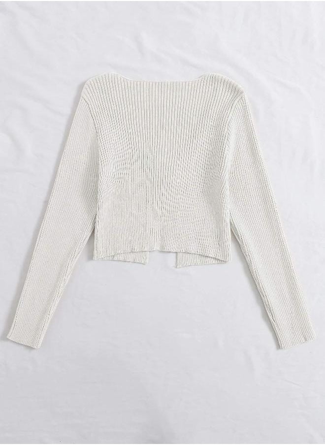 Floerns Floerns Women's Tie Front Long Sleeve Rib Knit Cardigan Crop Top White S  - Image 2