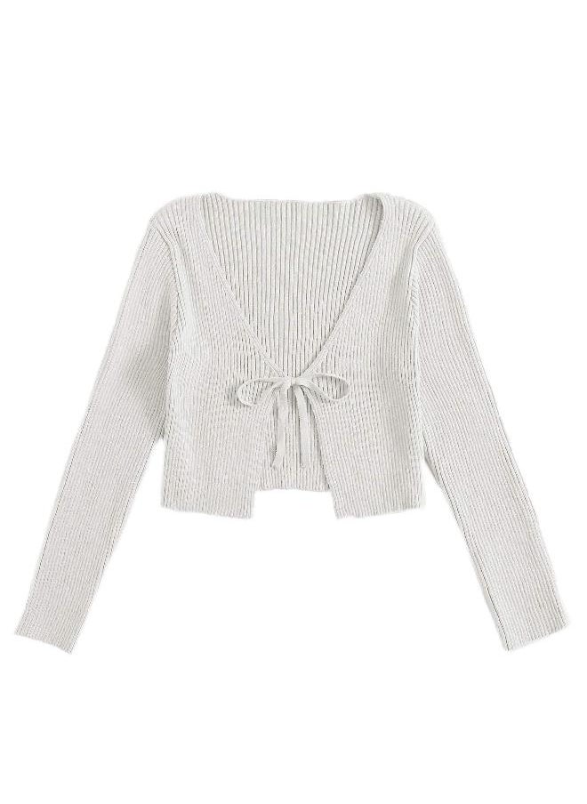 Floerns Floerns Women's Tie Front Long Sleeve Rib Knit Cardigan Crop Top White S  - Image 3