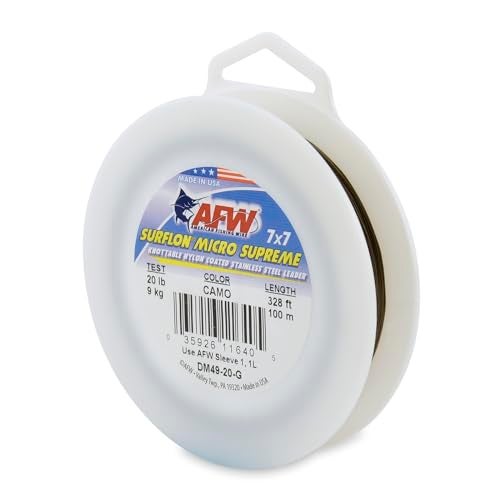 AFW American Fishing Wire Surflon Micro Supreme Nylon Coated 7x7 Stainless Steel Leader Wire 20 lb Test 015 Diameter Camo 100 m - Image 1
