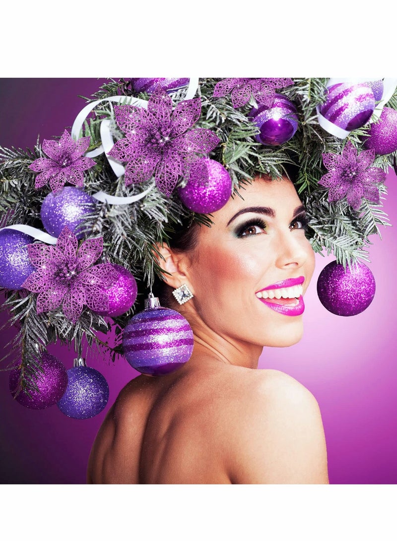 Excefore زهور بونسيتيا الصناعية المتلألئة، ٢٤ قطعة، بحجمين، زينة أرجوانية لشجرة الزينة للاحتفالات/ العطلات/ الموسمية/ حفلات الزفاف وزينة الإكليل DIY - Image 5