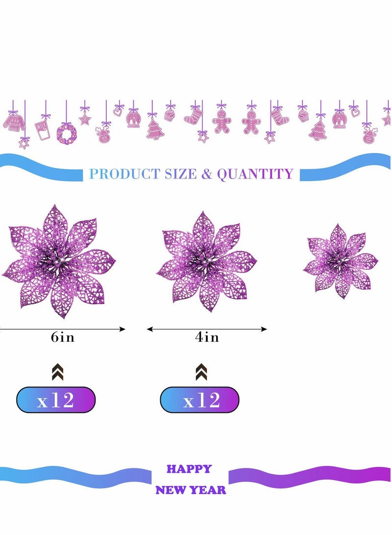 Excefore زهور بونسيتيا الصناعية المتلألئة، ٢٤ قطعة، بحجمين، زينة أرجوانية لشجرة الزينة للاحتفالات/ العطلات/ الموسمية/ حفلات الزفاف وزينة الإكليل DIY - Image 2