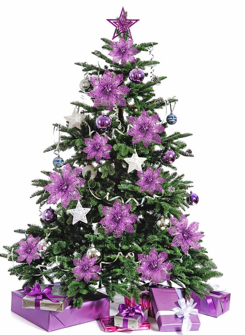 Excefore زهور بونسيتيا الصناعية المتلألئة، ٢٤ قطعة، بحجمين، زينة أرجوانية لشجرة الزينة للاحتفالات/ العطلات/ الموسمية/ حفلات الزفاف وزينة الإكليل DIY - Image 4