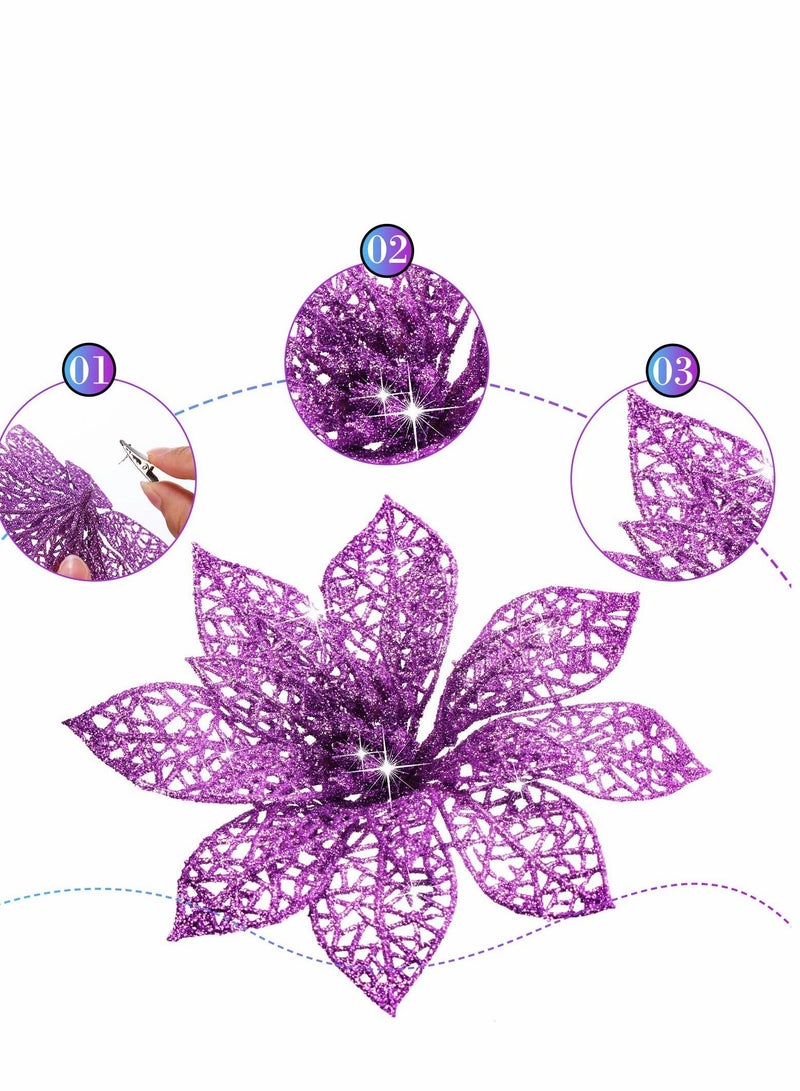 Excefore زهور بونسيتيا الصناعية المتلألئة، ٢٤ قطعة، بحجمين، زينة أرجوانية لشجرة الزينة للاحتفالات/ العطلات/ الموسمية/ حفلات الزفاف وزينة الإكليل DIY - Image 3