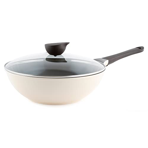 Neoflam Eela 12 Non Stick Chefs Wok with Glass Lid Stir Fry Pan and POFAFree Ceramic Coating for Cooking Saute Vegetables Meat Fish 12 inch Ivory Handle assemble required - Image 1