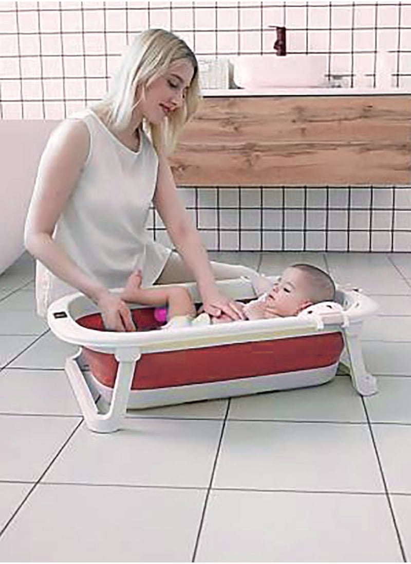 MissTiara - Baby Bathtub Baby Foldable Bath Tub with Bathmat Cushion and Thermometer, Portable Baby Bathtub with Drain Hole, Shower Basin with Non-Slip Support Leg for 0-6 Years Boy Girl (Pink) Assorted - Image 1