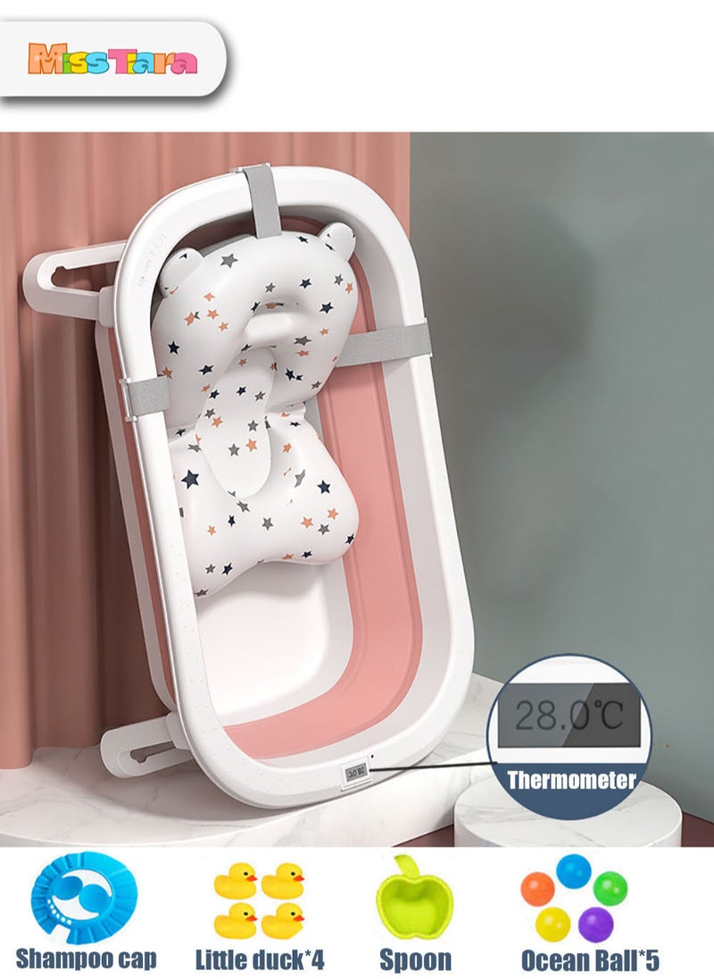MissTiara - Baby Bathtub Baby Foldable Bath Tub with Bathmat Cushion and Thermometer, Portable Baby Bathtub with Drain Hole, Shower Basin with Non-Slip Support Leg for 0-6 Years Boy Girl (Pink) Assorted - Image 1