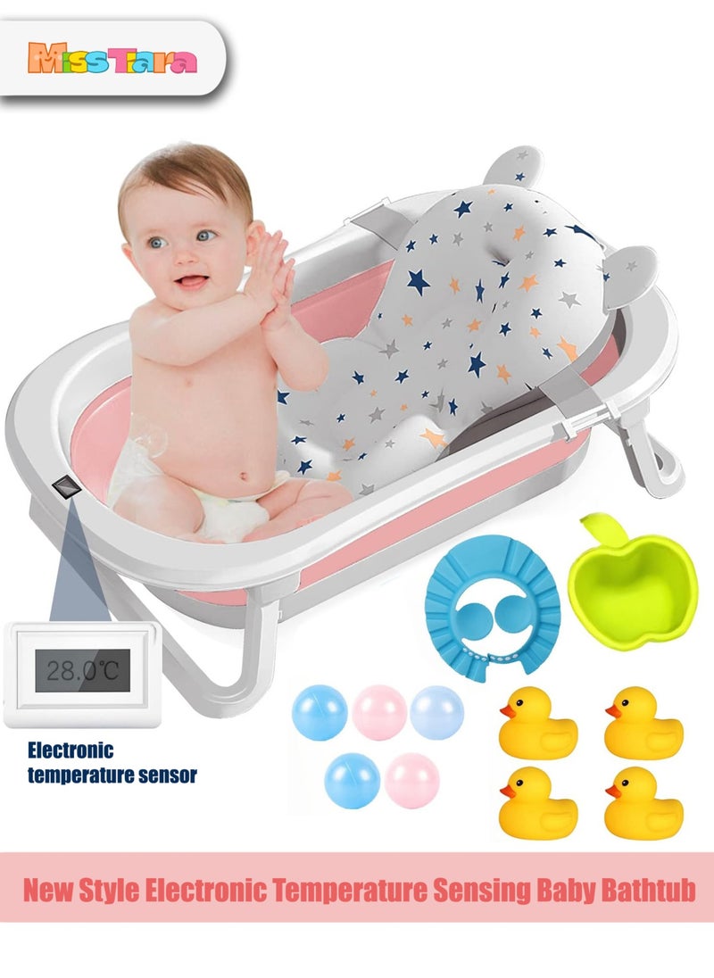 MissTiara - Baby Bathtub Baby Foldable Bath Tub with Bathmat Cushion and Thermometer, Portable Baby Bathtub with Drain Hole, Shower Basin with Non-Slip Support Leg for 0-6 Years Boy Girl (Pink) Assorted - Image 1