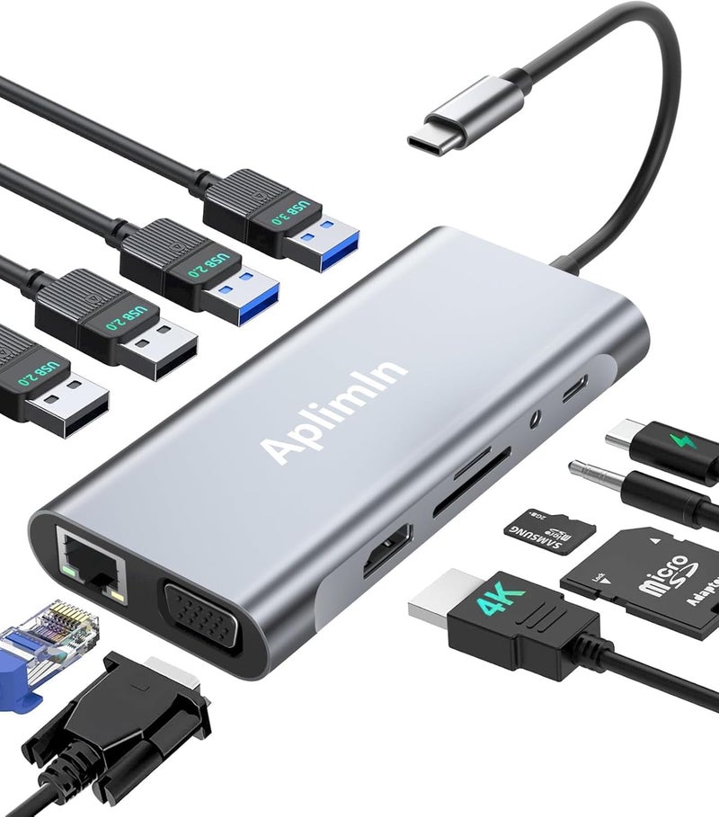Aplimln USB C HUB, USB C Adapter 11 in 1 Dongle with 4K HDMI, VGA, PD 100W, 1 X USB 3.0, 3 X USB 2.0 Ethernet, SD/TF Card Reader, 3.5mm Headphone Jack for iPhone 16/15 MacBook Pro/Air, Other Type C Laptops - Image 1