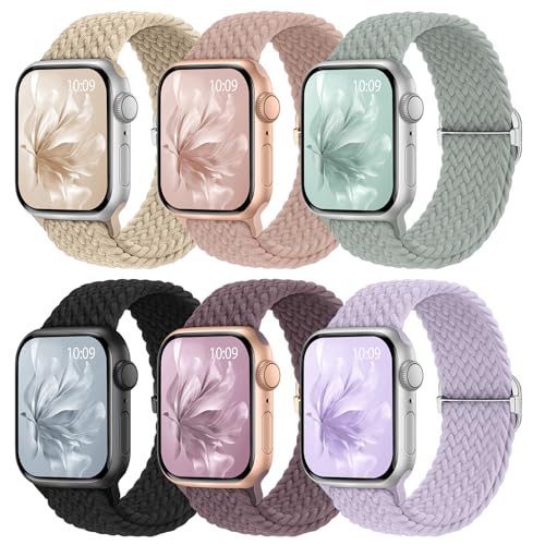 Knossen 6 Pack Braided Stretchy Bands Compatible with Apple Watch Band 38mm 40mm 41mm 42mm 44mm 45mm 46mm 49mm Women Men Adjustable Nylon Solo Loop Elastic Straps for iWatch Series 11 10 9 8 7 6 5 4 SE Ultra - Image 1