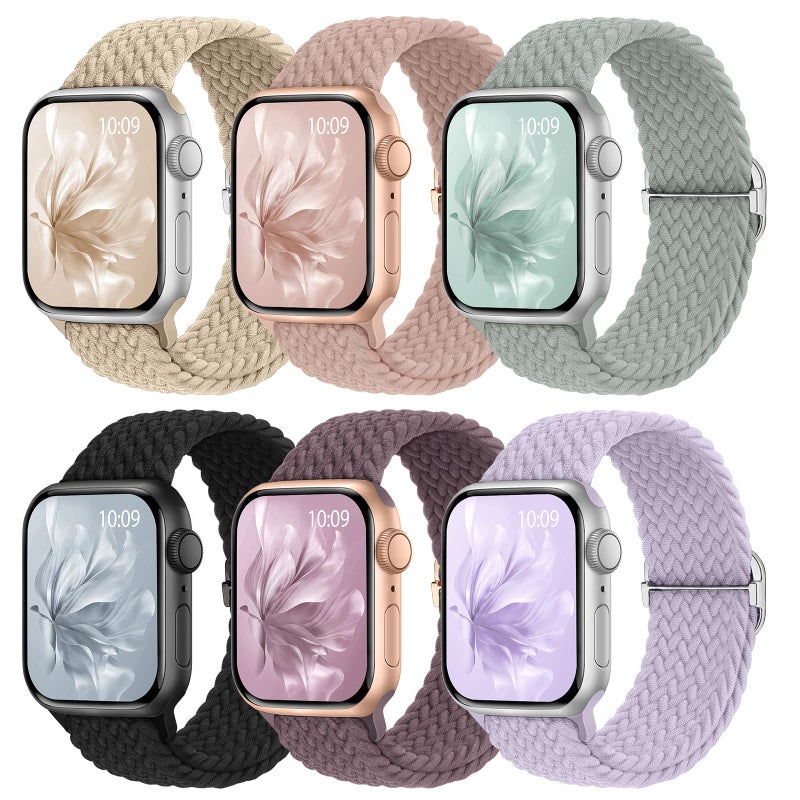 Knossen 6 Pack Braided Stretchy Bands Compatible with Apple Watch Band 38mm 40mm 41mm 42mm 44mm 45mm 46mm 49mm Women Men Adjustable Nylon Solo Loop Elastic Straps for iWatch Series 11 10 9 8 7 6 5 4 SE Ultra - Image 2