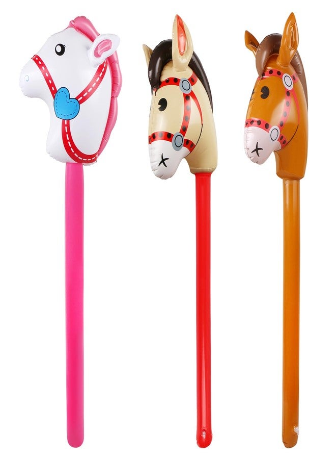 EVERMARKET 3PCS Inflatable Stick Horse,Inflatable Horse Head on Stick Horse Costume Pony/Halloween/Western Cowboy/Horse Baby Shower Birthday Party Decorations Supplies Favors Props,37 Inches Red Pink Brown - Image 1