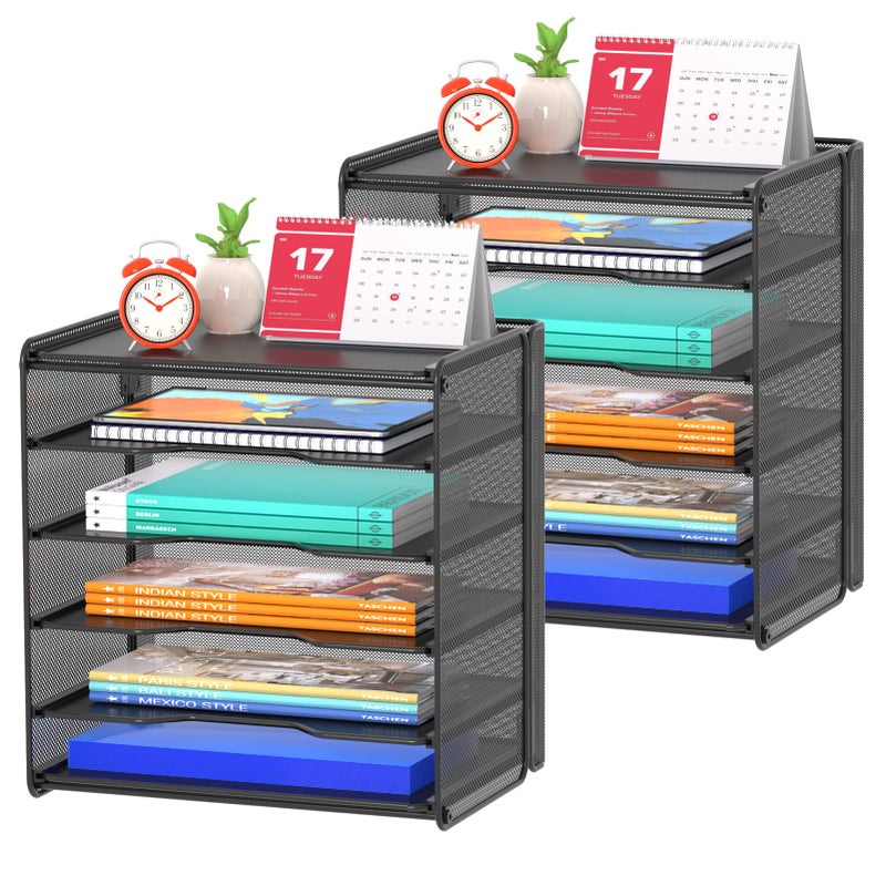 Samstar 2 Pack Paper Letter Tray Mesh Desk File Organizer with 5 Tier Shelf and Sorter Black