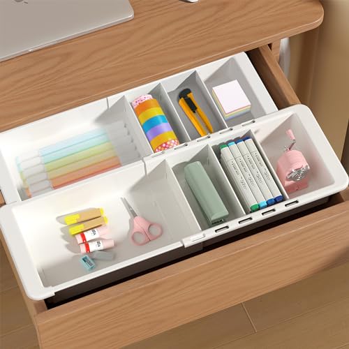 YOOUSOO Expandable Drawer Organizer 2 PCS Adjustable Drawer Organizer Trays Drawer Dividers Organizers and Storage For Office Supplies Pens MakeupUtensils Tools Flatware and Junks White - Image 1