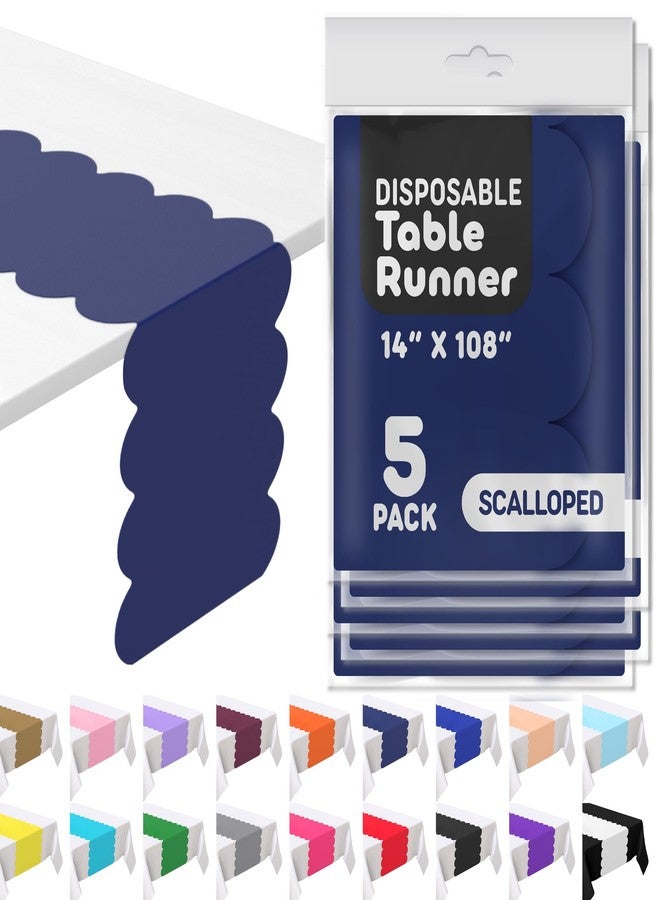 Swanoo Navy Blue Plastic Disposable Table Runner. 5 Pack 14 x 108 inch. Scallop Table Runner Adds A Pop of Color to Your Party Table, - Image 1