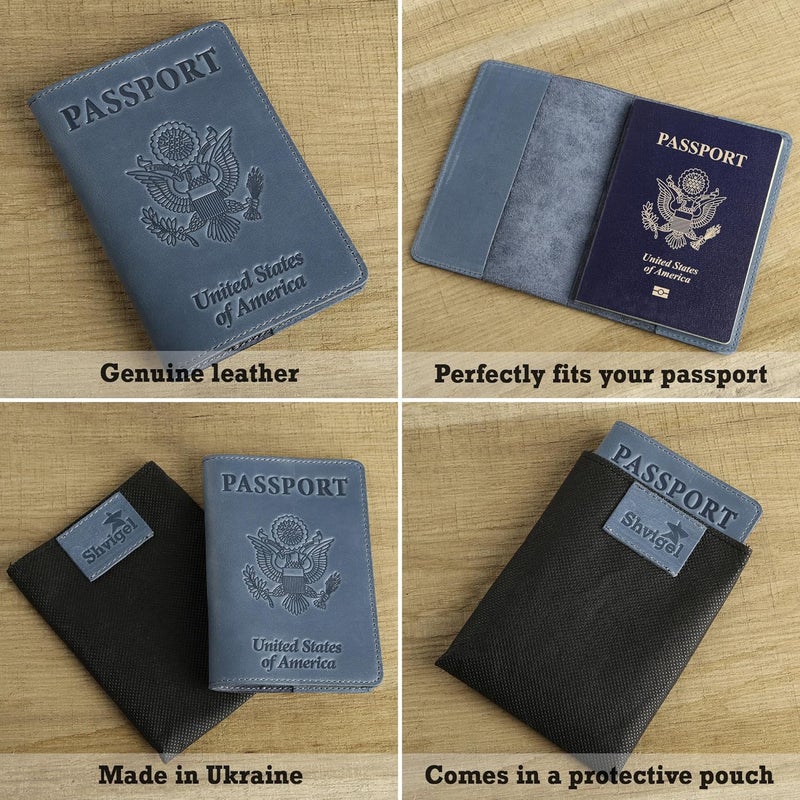 Shvigel US Leather Passport Book Cover - Thin American Travel Passport Holder - Premium International USA Passport Protector Case for Women Men (Light Blue Vintage) - Image 3