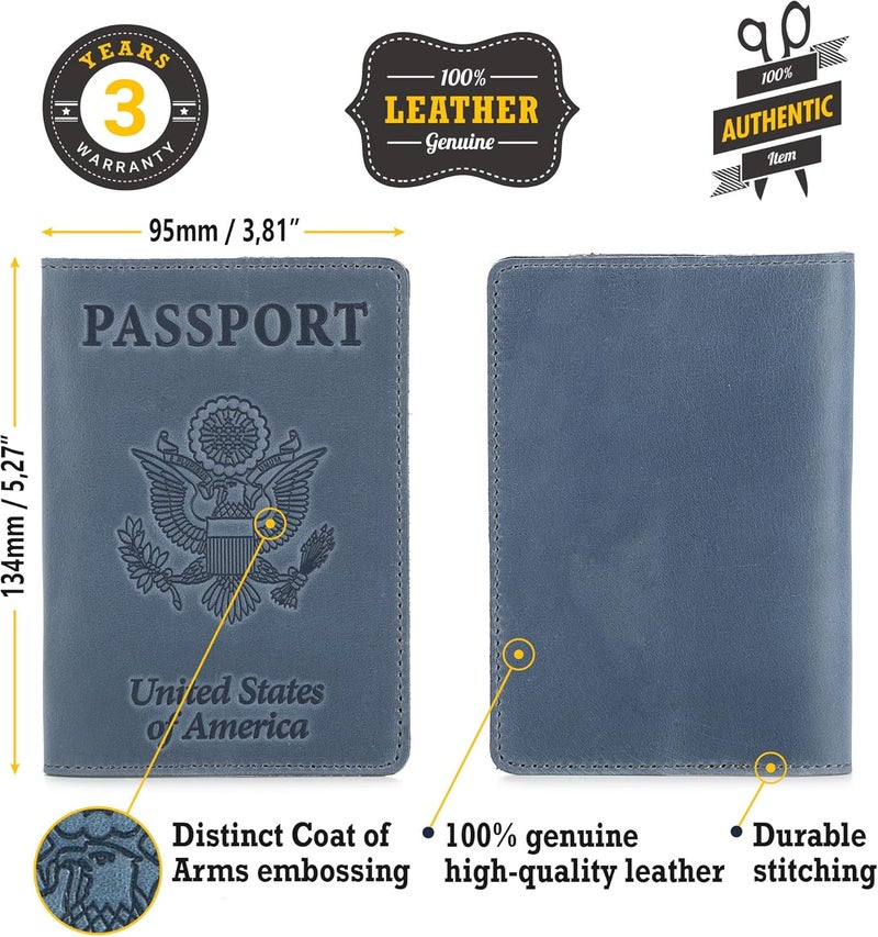 Shvigel US Leather Passport Book Cover - Thin American Travel Passport Holder - Premium International USA Passport Protector Case for Women Men (Light Blue Vintage) - Image 2