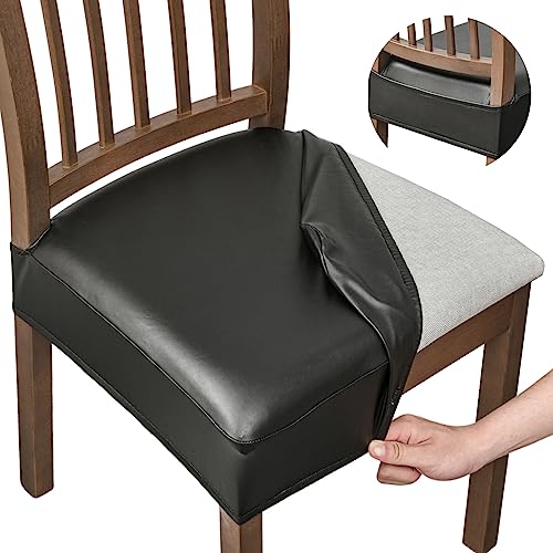 NILUOH Waterproof Seat Covers for Dining Room Chairs Set of 4, Pu Leather Chair Seat Slipcovers Dining Chair Cover Removable Washable Chair Protctor Cover, Rear Covers (PU-Black) - Image 1