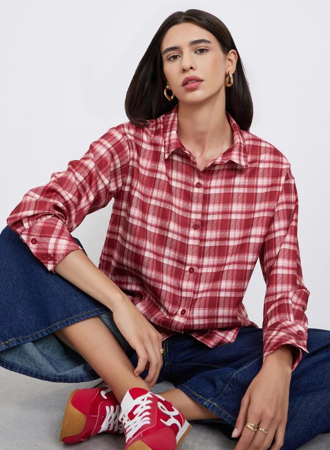 ستايلي قميص كاروهات كلاسيكي واسع بتصميم شارع كاجوال