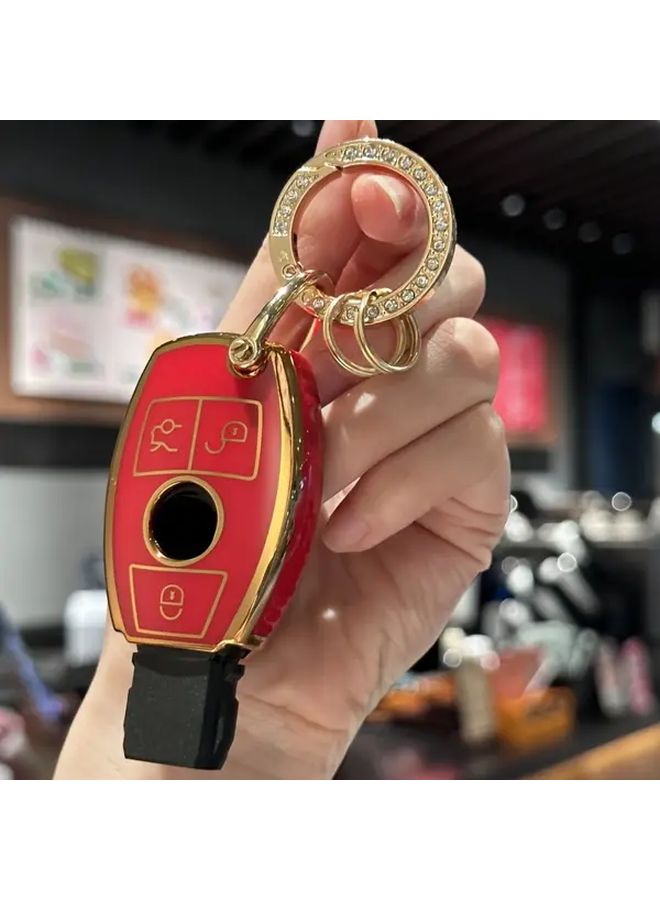 غطاء مفتاح مرسيدس بنز ذهبي أبيض من TPU مع سلسلة مفاتيح واقية - Image 1