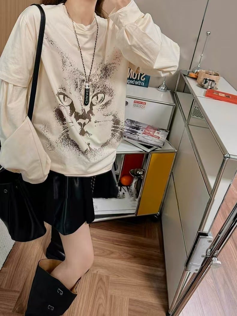 Jimo in stock 24 Early Autumn openyy Fake Two-piece Long-sleeved T-shirt Fashion Brand Cat Printing Stitching Long-sleeved T-shirt Top - Image 3