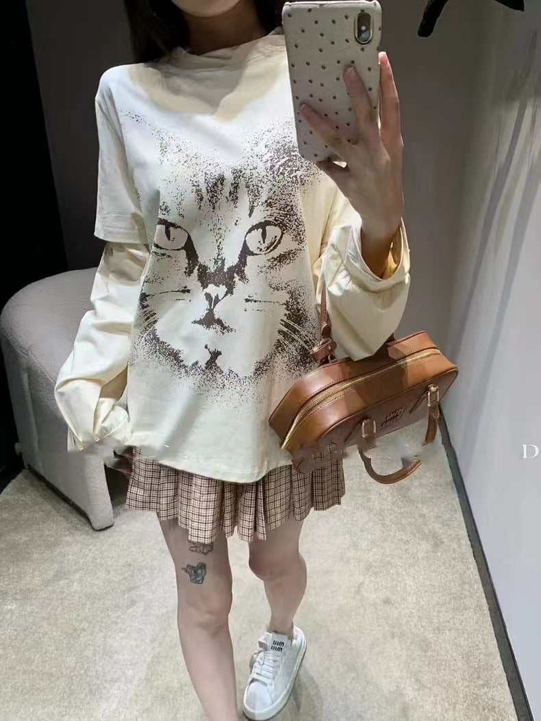 Jimo in stock 24 Early Autumn openyy Fake Two-piece Long-sleeved T-shirt Fashion Brand Cat Printing Stitching Long-sleeved T-shirt Top - Image 2