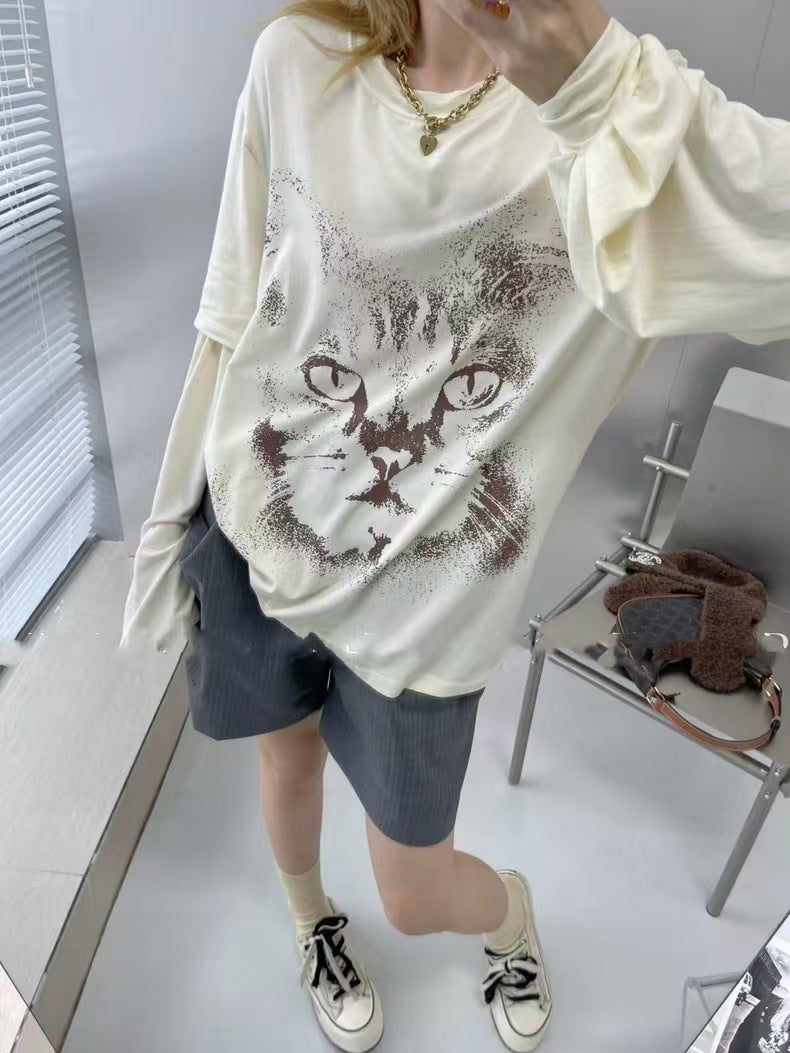 Jimo in stock 24 Early Autumn openyy Fake Two-piece Long-sleeved T-shirt Fashion Brand Cat Printing Stitching Long-sleeved T-shirt Top - Image 1