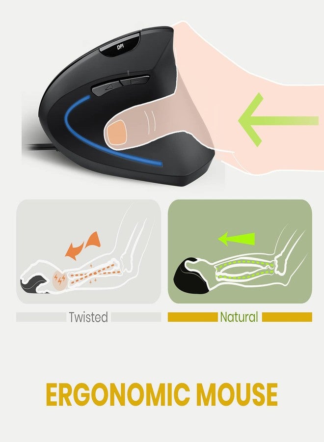 Perixx PERIMICE-513 Wired Ergonomic Vertical Mouse - 6 Buttons with 1000/1600/3200/6400 DPI - Right-Handed Design - Wired USB 5.9ft Cable - Black - Image 3