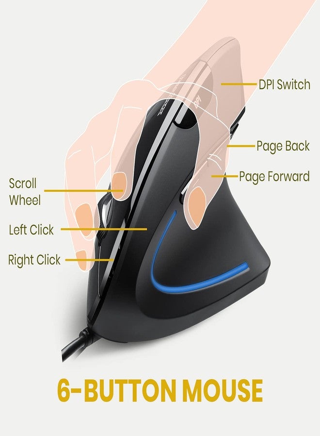 Perixx PERIMICE-513 Wired Ergonomic Vertical Mouse - 6 Buttons with 1000/1600/3200/6400 DPI - Right-Handed Design - Wired USB 5.9ft Cable - Black - Image 2