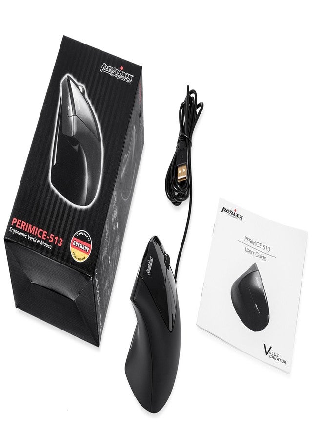 Perixx PERIMICE-513 Wired Ergonomic Vertical Mouse - 6 Buttons with 1000/1600/3200/6400 DPI - Right-Handed Design - Wired USB 5.9ft Cable - Black - Image 5