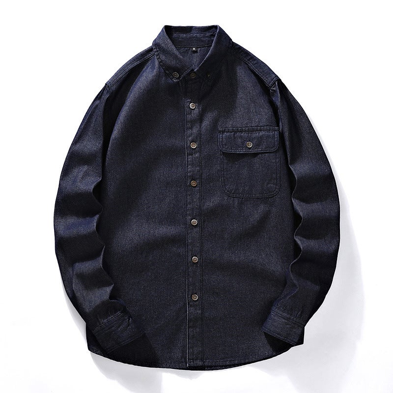 Foreign Trade Spring and Autumn Thin Solid Color Vintage Work Wear Mens Long Sleeve Denim Shirt Simple Washed Mens Shirt Jacket Dark Blue - Image 1