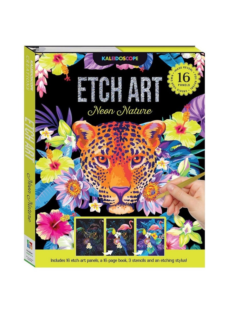 Hinkler Kaleidoscope Etch Art Creations – Neon Nature Edition, includes 16 etch-art Panles, a 16-page Book, 3 Stencils, and an etching stylus, Vibrant Etching Art Kit for Kids, Perfect Gift for Nature Lovers and Young Artists - Image 1