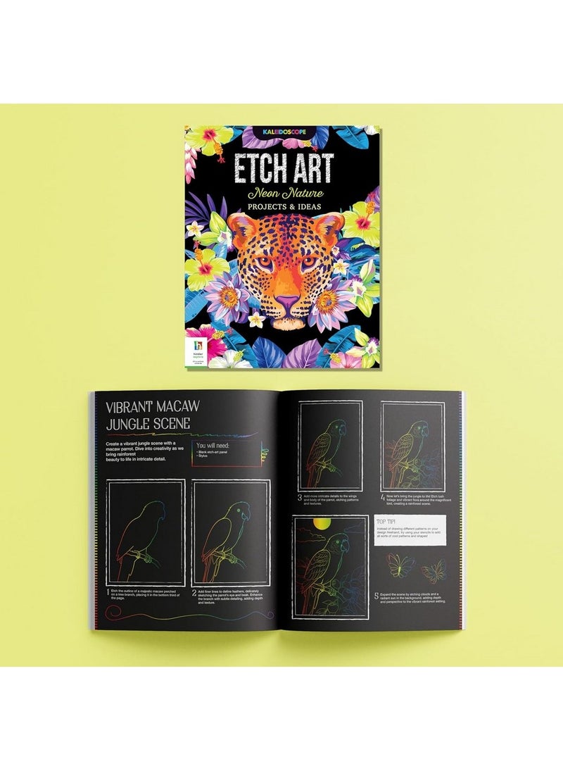 Hinkler Kaleidoscope Etch Art Creations – Neon Nature Edition, includes 16 etch-art Panles, a 16-page Book, 3 Stencils, and an etching stylus, Vibrant Etching Art Kit for Kids, Perfect Gift for Nature Lovers and Young Artists - Image 4