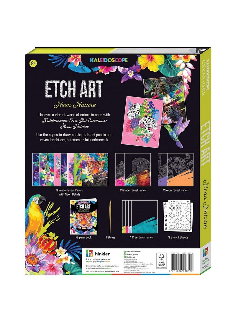 Hinkler Kaleidoscope Etch Art Creations – Neon Nature Edition, includes 16 etch-art Panles, a 16-page Book, 3 Stencils, and an etching stylus, Vibrant Etching Art Kit for Kids, Perfect Gift for Nature Lovers and Young Artists - Image 2