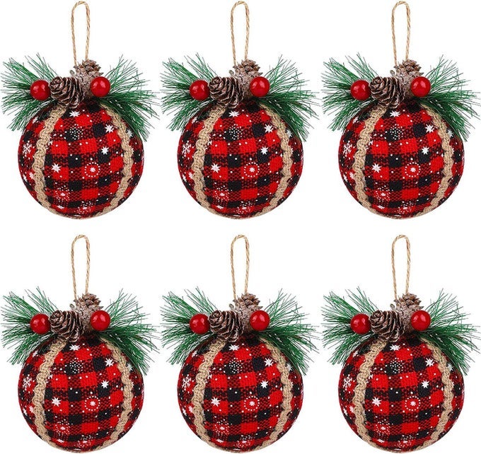 6PCS Christmas Plaid Ball Ornaments 2 Inch Black Red Buffalo Plaid Fabric Ball Ornaments with Pine Cones and Greenery Plaid Christmas Tree Hanging Ball Ornaments Festive Decoration
